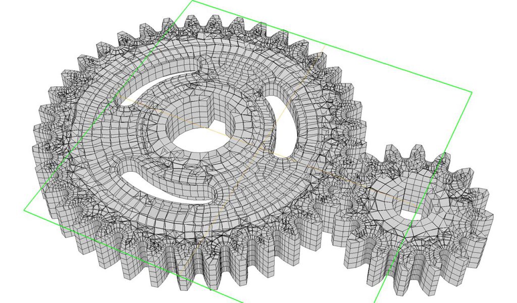 CM2 HexaMesh® Iso - Spur gear train - Solid mesh (hex-dominant)